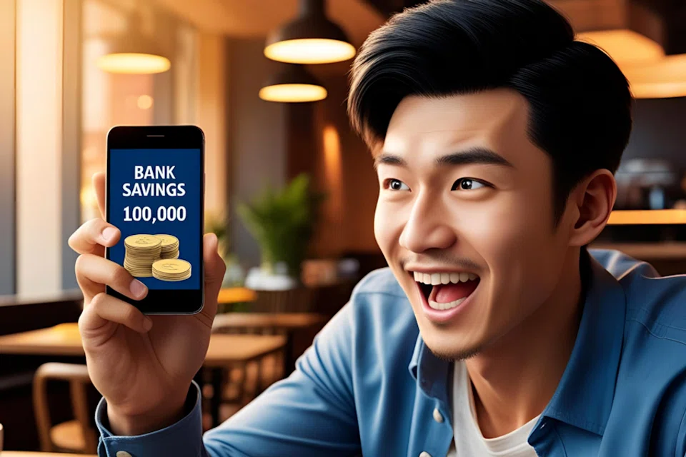 Young Chinese happy with his savings. (Image generated by Yi Jina with assistance from Canva)