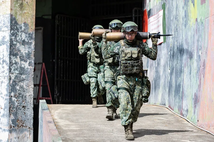 This handout photo taken and released on 22 July 2024 by the Taiwan Military News Agency shows Taiwanese soldiers taking part in drills during the annual Han Kuang Exercise on the Penghu islands.