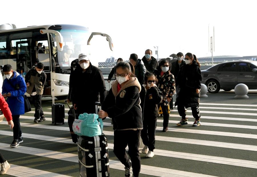 The first group of Taiwanese arriving at the Wuhan airport to be flown back to Taiwan, 3 February 2020. (CNS)