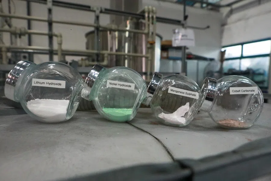 Samples of precipitated metal salts from recycling spent lithium-ion batteries at the Se-cure Waste Management recycling plant on 30 March 2023. (SPH Media)
