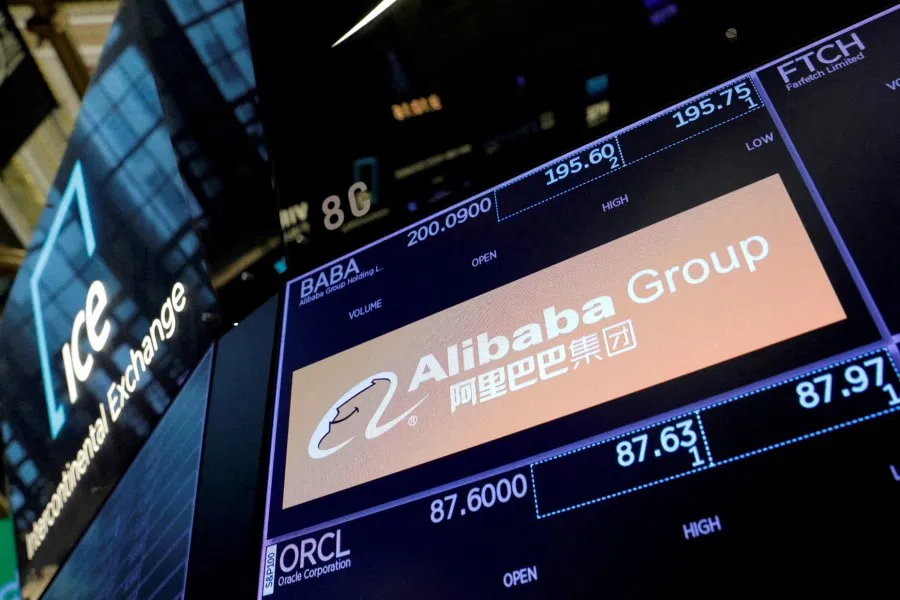 The Alibaba Group logo is seen on the trading floor at the New York Stock Exchange in Manhattan, New York City, US, 3 August 2021. (Reuters/Andrew Kelly/File Photo)