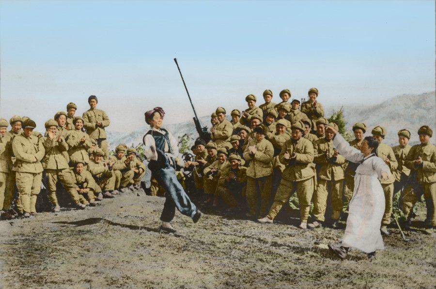 An arts troupe from North Korea entertaining volunteer troops, 1951.