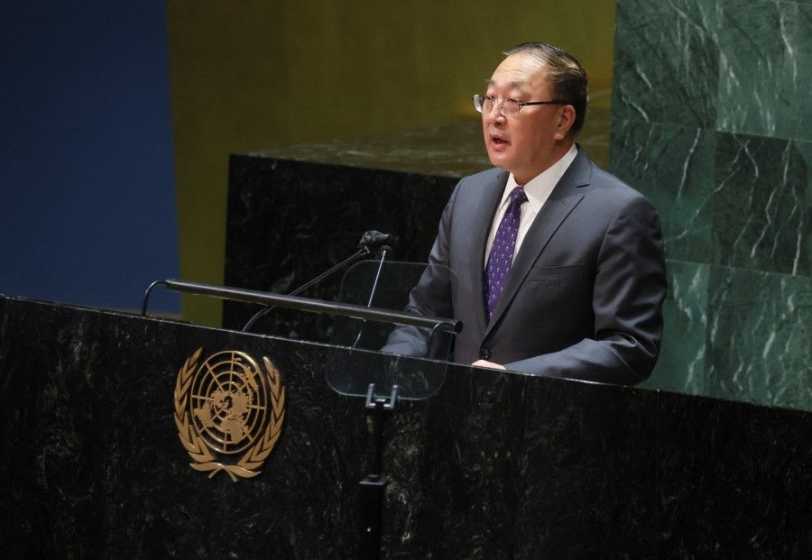 Chinese ambassador to the UN Zhang Jun speaks during a special session of the UN General Assembly on Russia's invasion of Ukraine, at the United Nations headquarters in New York City, New York, US, 24 March 2022. (Brendan McDermid/Reuters)