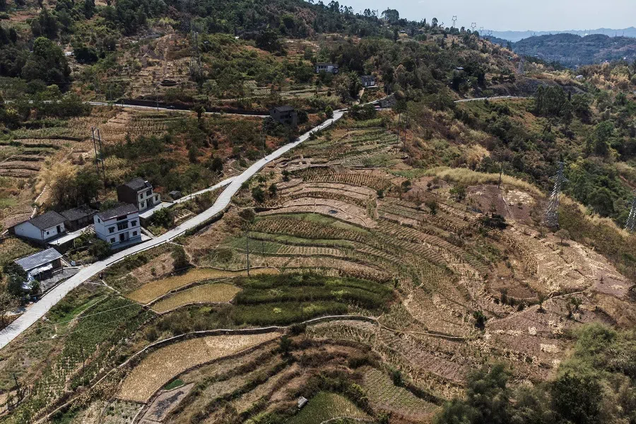 An aerial view of parched terrace fields in Fuyuan village, in Chongqing, China, 19 August 2022. (Thomas Peter/Reuters)