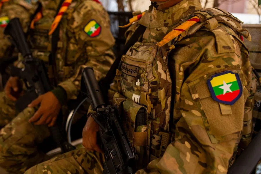 Members of the Karen Border Guard Force (BGF) are pictured during a crackdown operation on illicit activity linked to scam centres in Shwe Kokko in Myanmar’s eastern Myawaddy township on 14 February 2025. (AFP)