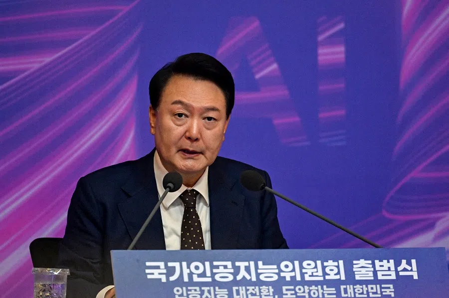 South Korean President Yoon Suk-yeol delivers a speech during a meeting of the Presidential AI Committee at the Four Seasons Hotel on 26 September 2024 in Seoul, South Korea. (Song Kyung-Seok/Reuters)