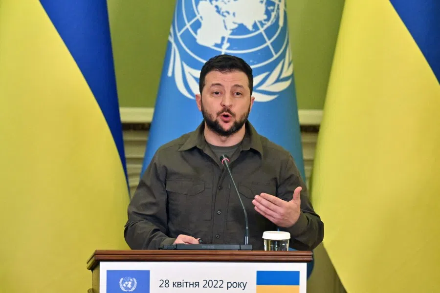 Ukrainian Preident Volodymyr Zelensky speaks during a joint press conference with UN Secretary-General Antonio Guterres following their talks in Kyiv on 28 April 2022. (Sergei Supinsky/AFP)