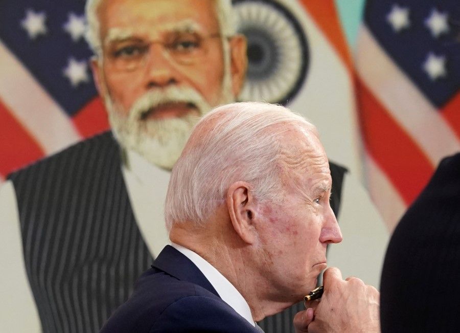US President Joe Biden holds a virtual meeting with Indian Prime Minister Narendra Modi to discuss Russia's war with Ukraine from the White House in Washington US, 11 April 2022. (Kevin Lamarque/Reuters)