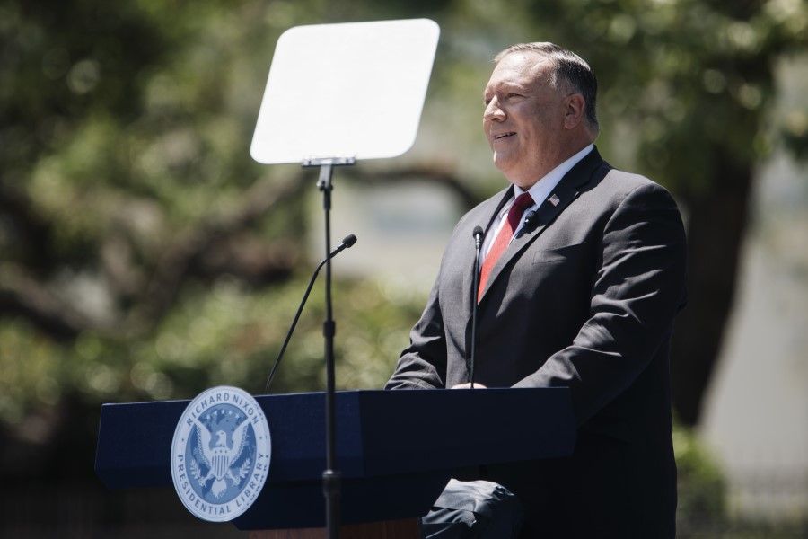 US State Secretary Mike Pompeo speaks at the Richard Nixon Presidential Library & Museum in Yorba Linda, California, 23 July 2020. (Eric Thayer/Bloomberg)
