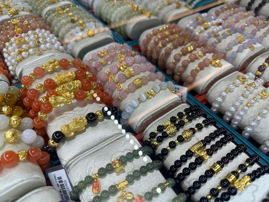 Crystal bracelets on display in a shop.  (Daryl Lim/SPH Media)