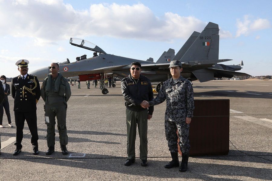 This picture taken on 10 January 2023 shows a ceremony upon the arrival of Indian Air Force fighter aircraft at Japan's Air Self-Defense Force Hyakuri Air Base for the Japan-India joint exercise in Omitama, Ibaraki prefecture, northeast of Tokyo, Japan. (Jiji Press/AFP)