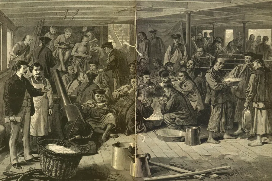 A wood engraving published in Britain’s The Illustrated London News on 29 April 1876. Many Chinese labourers travelled to San Francisco to help build the transcontinental railway, believing that gold could be found everywhere.