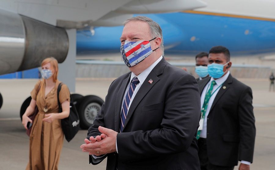 US Secretary of State Mike Pompeo walks to board an aircraft to leave for Maldives, in Colombo, Sri Lanka, 28 October 2020. (Eranga Jayawardena/Pool via Reuters)