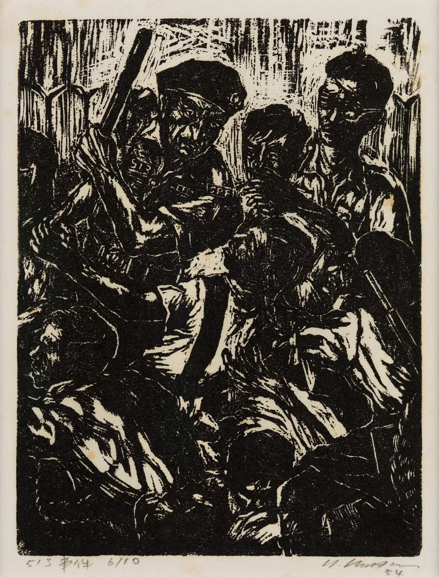 Choo Keng Kwang, Incident 513, 1954, Woodblock print on paper, 20.5 x 15.5 cm, Collection of National Gallery Singapore. (Image courtesy of National Heritage Board)