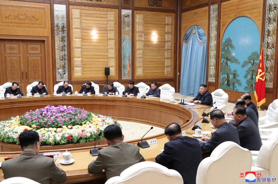 North Korean leader Kim Jong Un takes part in a meeting of the Political Bureau of the Central Committee of the Workers' Party of Korea (WPK), 11 April 2020.(KCNA/via REUTERS)