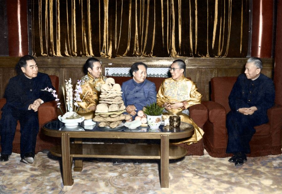 The Dalai Lama (second from right) and Panchen Lama (second from left) with Mao Zedong, accompanied by Premier Zhou Enlai (first from left) and CCP vice chairman Liu Shaoqi during the Chinese New Year period, 23 February 1955.
