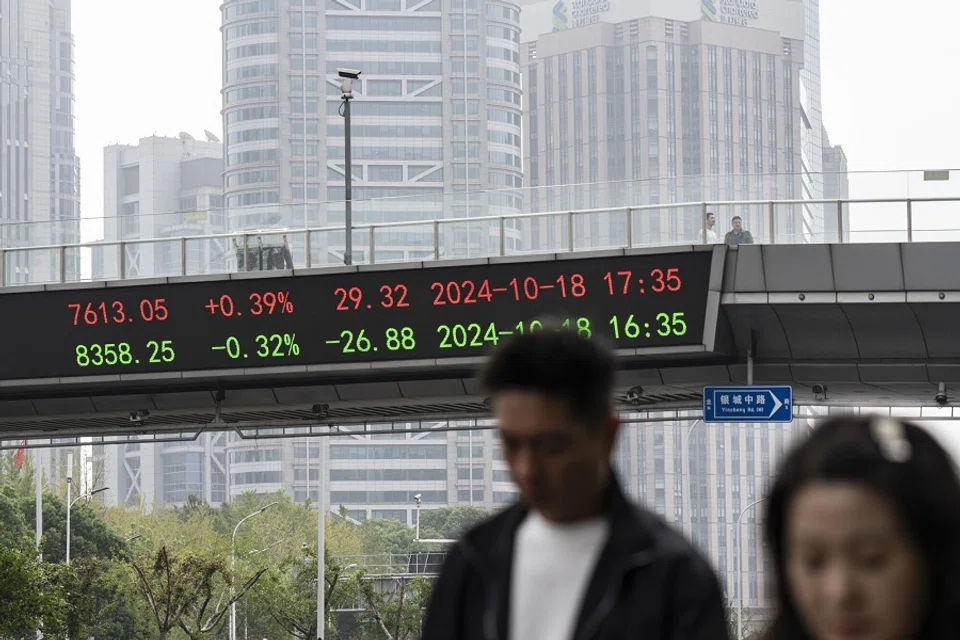 An electronic ticker displays stock figures in Pudong’s Lujiazui Financial District in Shanghai, China, on 21 October 2024. (Qilai Shen/Bloomberg)