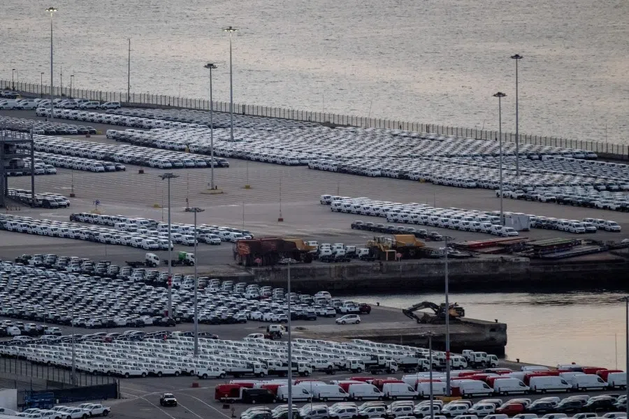 Newly manufactured vehicles at the commercial port in Vigo, Spain, on 22 July 2025. (Brais Lorenzo/Bloomberg)