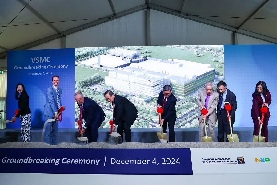 The groundbreaking ceremony of a new semiconductor factory operated by VSMC, a joint venture between Vanguard International Semiconductor Corp and NXP Semiconductors, in Singapore, on 4 December 2024. (SPH Media)