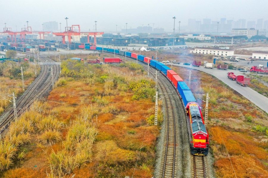 This drone photo shows the first cargo-carrying train on the Laos-China Railway, 4 December 2021. (CNS)