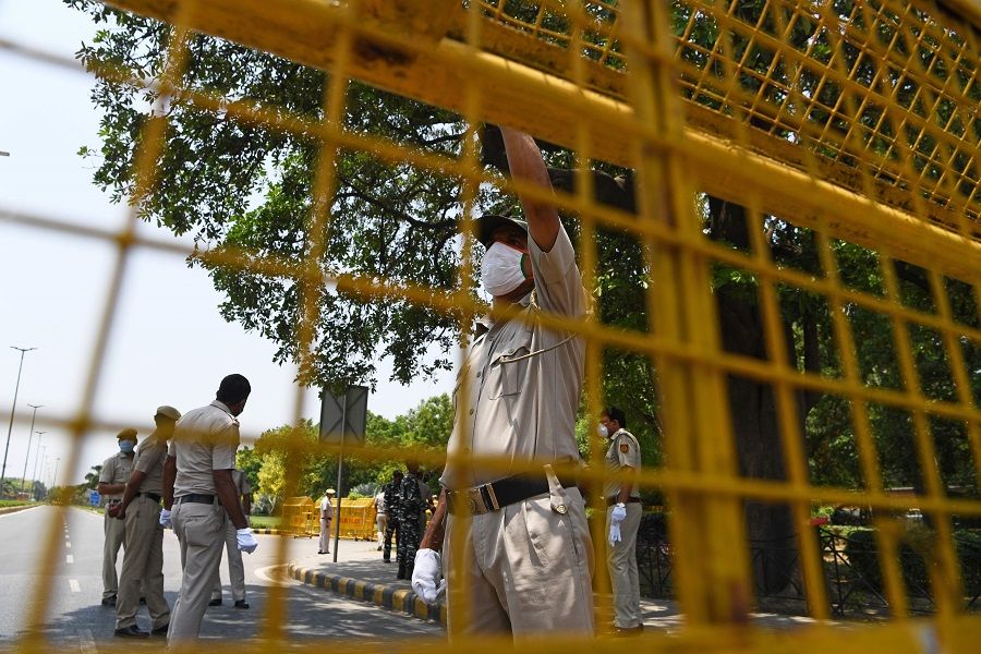 Police set up barricades outside the Chinese embassy in New Delhi on 17 June 2020. (Sajjad Hussain/AFP)
