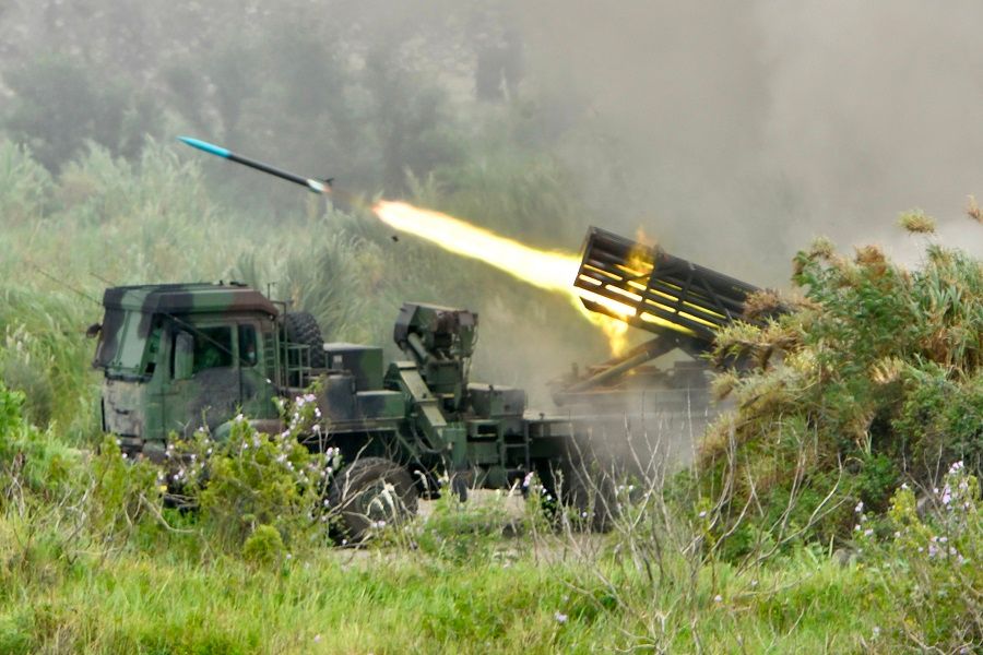 A projectile is launched from a Taiwanese-made Thunderbolt-2000 multiple rocket system during the annual Han Kuang military drills in Taichung on 16 July 2020, aimed to test how the armed forces would repel an invasion from China, which has vowed to bring Taiwan back into the fold - by force if necessary. (Sam Yeh/AFP)