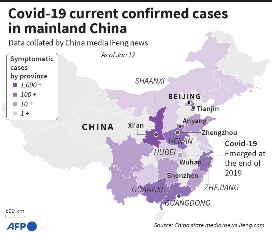 This graphic shows the spread of Covid-19 across China as of 12 January 2022. (AFP)