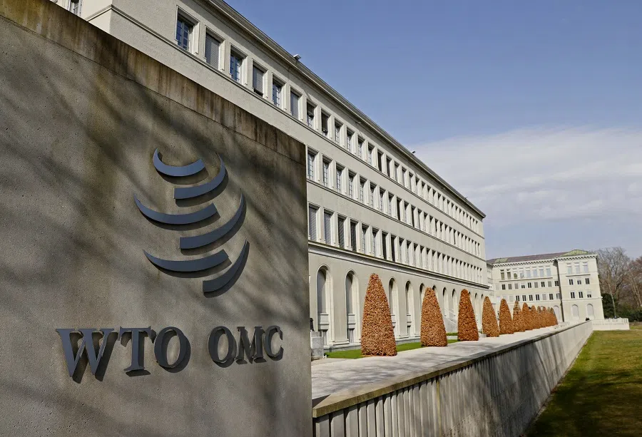 The World Trade Organization logo is seen at its headquarters in Geneva, Switzerland, on 4 March 2021. (Denis Balibouse/Reuters)