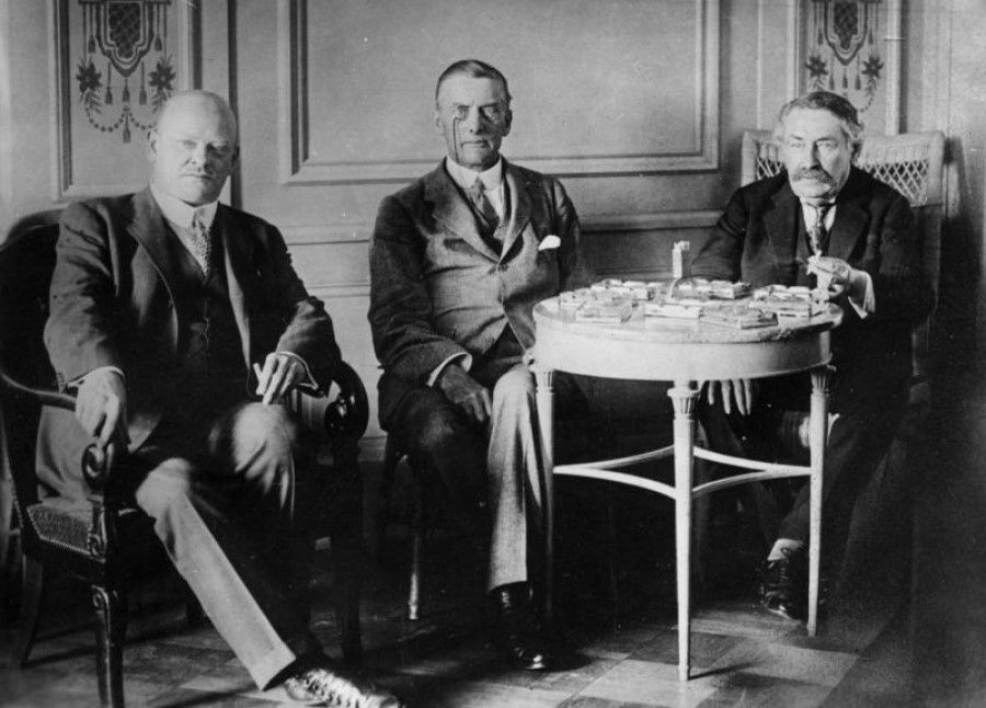 (From left to right) Gustav Stresemann, Sir Austen Chamberlain, and Aristide Briand at the Locarno negotiations, c. October 1925. (Wikimedia)