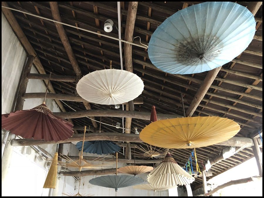 Paper umbrellas on display in a workshop near Hangzhou. These are the handiwork of a second-generation local craftsman.