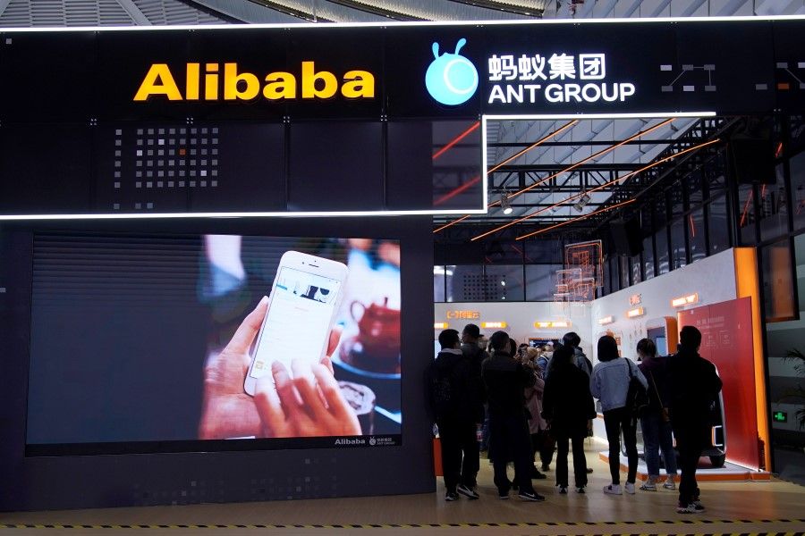 Logos of Alibaba Group and Ant Group are seen during the World Internet Conference (WIC) in Wuzhen, Zhejiang province, China, 23 November 2020. (Aly Song/REUTERS)