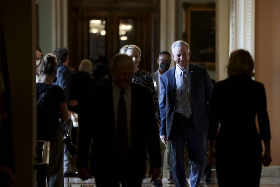 Senator Tommy Tuberville arrives at a meeting with Republican Senators on their party's plan for the vote on the debt limit at the US Capitol on 7 October 2021 in Washington, DC. (Anna Moneymaker/AFP)