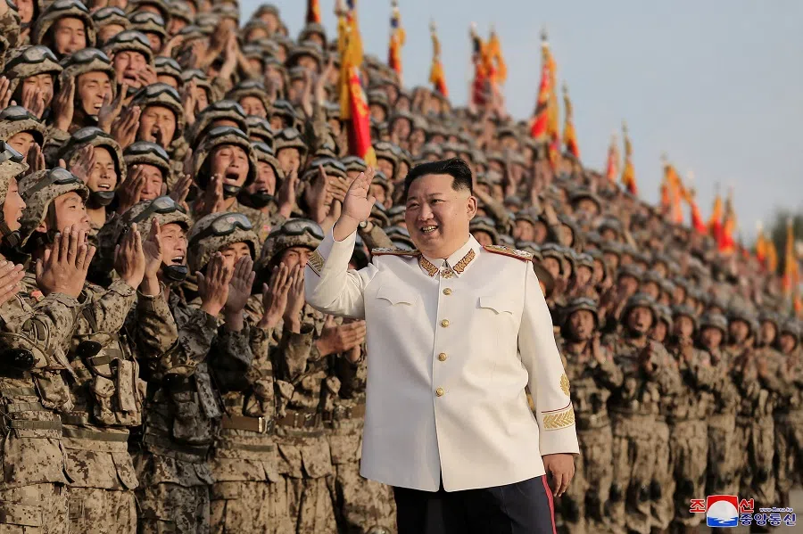 North Korean leader Kim Jong-un meets troops who have taken part in the military parade to mark the 90th anniversary of the founding of the Korean People's Revolutionary Army, in this undated photo released by North Korea's Korean Central News Agency (KCNA), 29 April 2022. (KCNA via Reuters)
