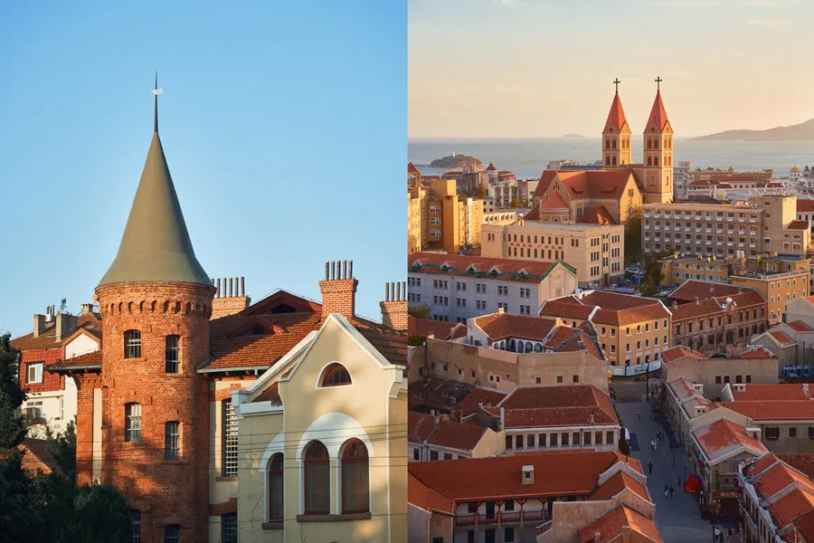 The unique architecture of Qingdao, Shandong province. On the left stands the Qingdao German Prison Site Museum, with the right showing an aerial view of Qingdao Old Town. (Photo: Zhi Hai)