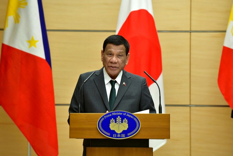Philippine President Rodrigo Duterte delivers a speech during their joint press statement with Japan's Prime Minister Shinzo Abe (not pictured) at Abe's official residence in Tokyo, Japan, 31 May 2019. (Kazuhiro Nogi/Pool via Reuters)