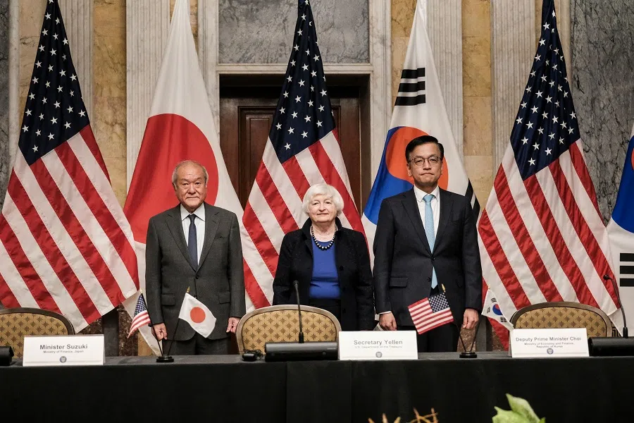 Japan’s Finance Minister Shun’ichi Suzuki, US Treasury Secretary Janet Yellen, and South Korea’s Minister of Economy and Finance Choi Sang-mok pose during a meeting at the Treasury Department on 17 April 2024. (Michael A. McCoy/Getty Images/AFP)