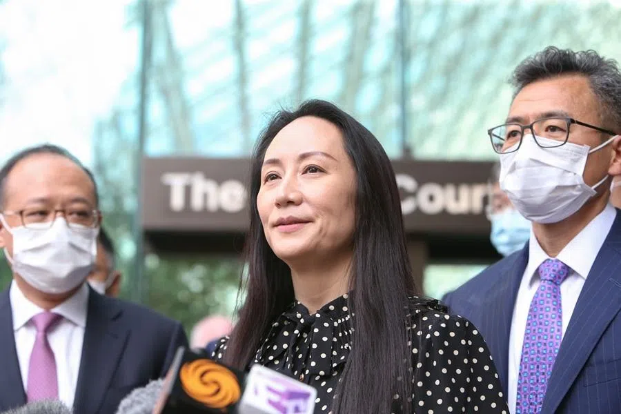 Huawei Technologies Chief Financial Officer Meng Wanzhou speaks to media outside the B.C. Supreme Court following a hearing about her release in Vancouver, British Columbia, Canada, on 24 September 2021. (Jesse Winter/Reuters)