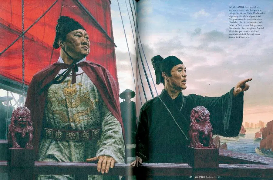 An illustration from German magazine GEO EPOCHE, showing the Ming Empire’s envoy Zheng He’s seven voyages to the Western Ocean.