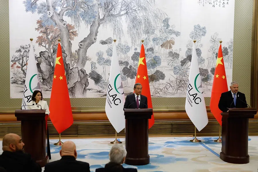 Honduran Foreign Minister Eduardo Enrique Reina Garcia (right), Colombian Foreign Minister Laura Sarabia (left) and Chinese Foreign Minister Wang Yi attend a press conference for the fourth ministerial meeting of the China-CELAC Forum, at the Diaoyutai State Guesthouse in Beijing on 13 May 2025. (Tingshu Wang/AFP)