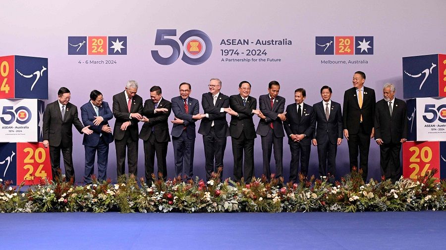 (Left to right) ASEAN leaders including Malaysia's Prime Minister Anwar Ibrahim (fifth from left), East Timor's Prime Minister Xanana Gusmao (first from right) and Australia's Prime Minister Anthony Albanese (sixth from left) pose for a family photo during the 50th ASEAN-Australia Special Summit in Melbourne on 5 March 2024. (William West/AFP)