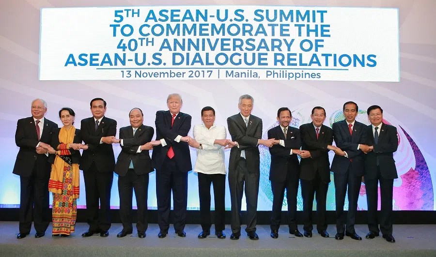 US President Donald Trump (fifth from left) with ASEAN leaders at the 5th ASEAN-US summit in Manila, on 13 November 2017. (SPH Media)