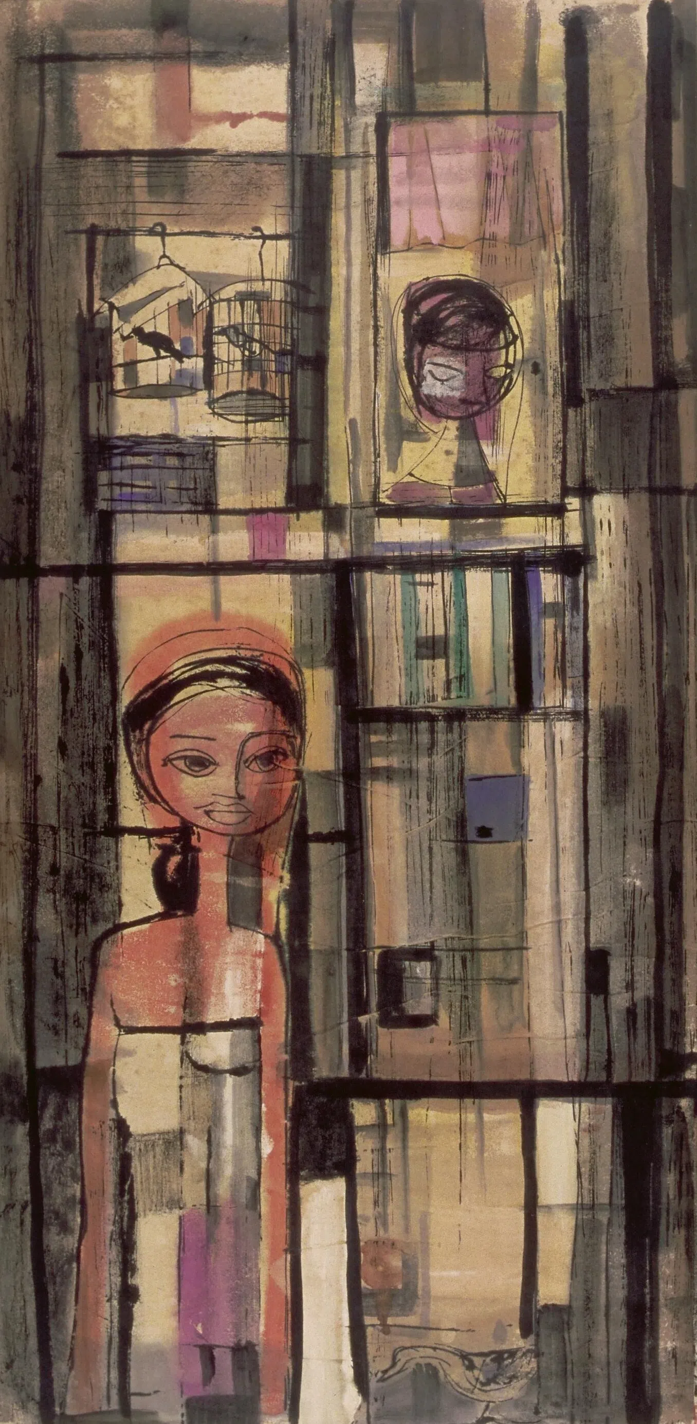 Cheong Soo Pieng, Untitled (Girl with Birdcage), Undated, 85 x 44 cm, Ink and colour on paper. Gift of the Loke Wan Tho Collection.