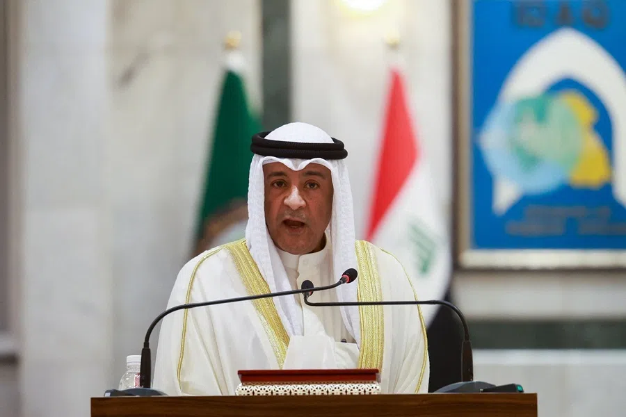 Gulf Cooperation Council Secretary-General Jasem Mohamed Albudaiwi speaks during a press conference with Iraqi Foreign Minister Fuad Hussein, in Baghdad, Iraq, on 30 June 2026.