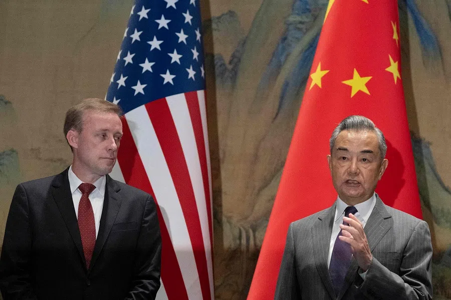 Chinese Foreign Minister Wang Yi (right) speaks as US national security adviser Jake Sullivan looks on before talks at Yanqi Lake in Beijing, China, on 27 August 2024. (Ng Han Guan/Pool/AFP)