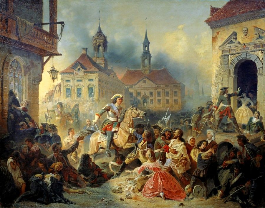 Peter I of Russia stops marauding soldiers after taking Narva in 1704, Nikolay Sauerweid (1859). (State Tretyakov Gallery/Wikimedia)