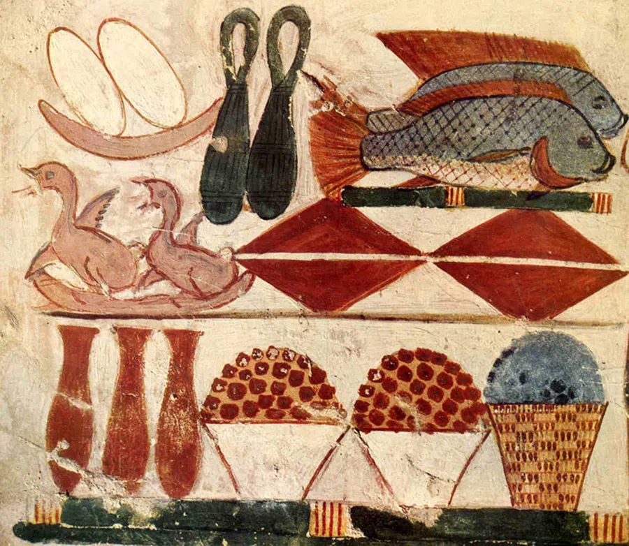 The Egyptian offering table scenes would show meat, vegetable, bread and various drinks, including beer and wine.