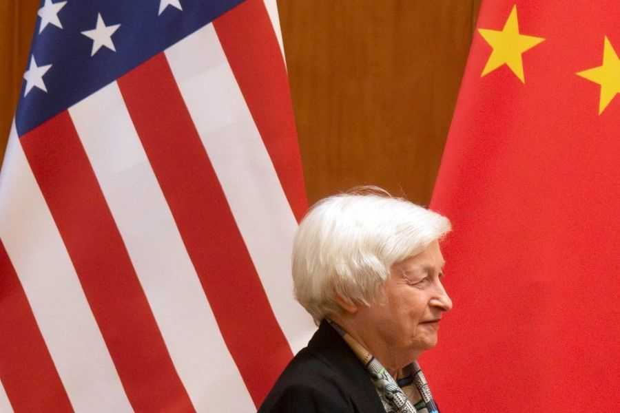 US Treasury Secretary Janet Yellen looks on during a meeting with Chinese Vice Premier He Lifeng at the Diaoyutai State Guesthouse in Beijing, China, on 8 July 2023. (Mark Schiefelbein/Pool via Reuters)