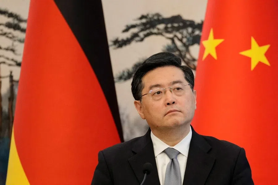Qin Gang attends a joint press conference with German Foreign Minister Annalena Baerbock (not pictured) at the Diaoyutai State Guesthouse in Beijing, China, on 14 April 2023. (Suo Takekuma/Pool via Reuters)