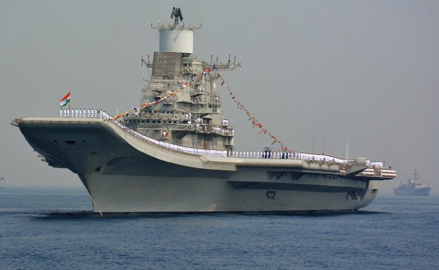 The INS Vikramaditya, a modified Kiev-class aircraft carrier of the Indian Navy, during the International Fleet Review in Visakhapatnam in the Bay of Bengal on 6 February 2016. (STR/AFP)