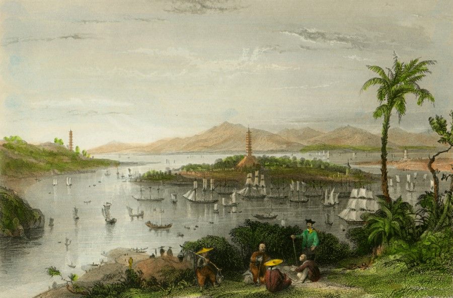 Etching by 19th century British artist Thomas Allom, showing Huangpu Island (now Changzhou Island) at the lower course of the Pearl River in Guangdong. This was where British and French merchant ships came to trade in China, but trade issues led to friction and China engaged in armed conflict with Britain and France. Many incidents happened in Huangpu, and in 1884, following the Opium Wars, China and France signed the Treaty of Whampoa here, and China began to face maritime threats from the Western powers.